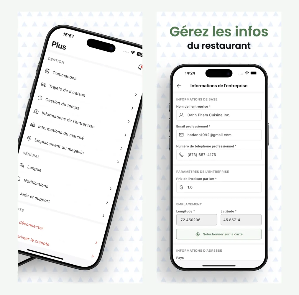 Application de gestion InnoBooks : menu de gestion et informations du restaurant