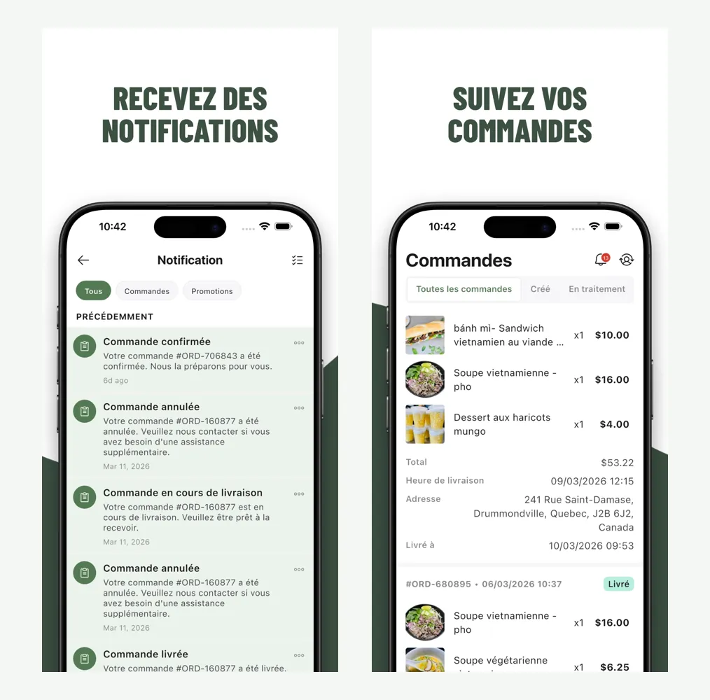 Application SOS Bouffe : notifications de commande confirmée, en livraison, livrée