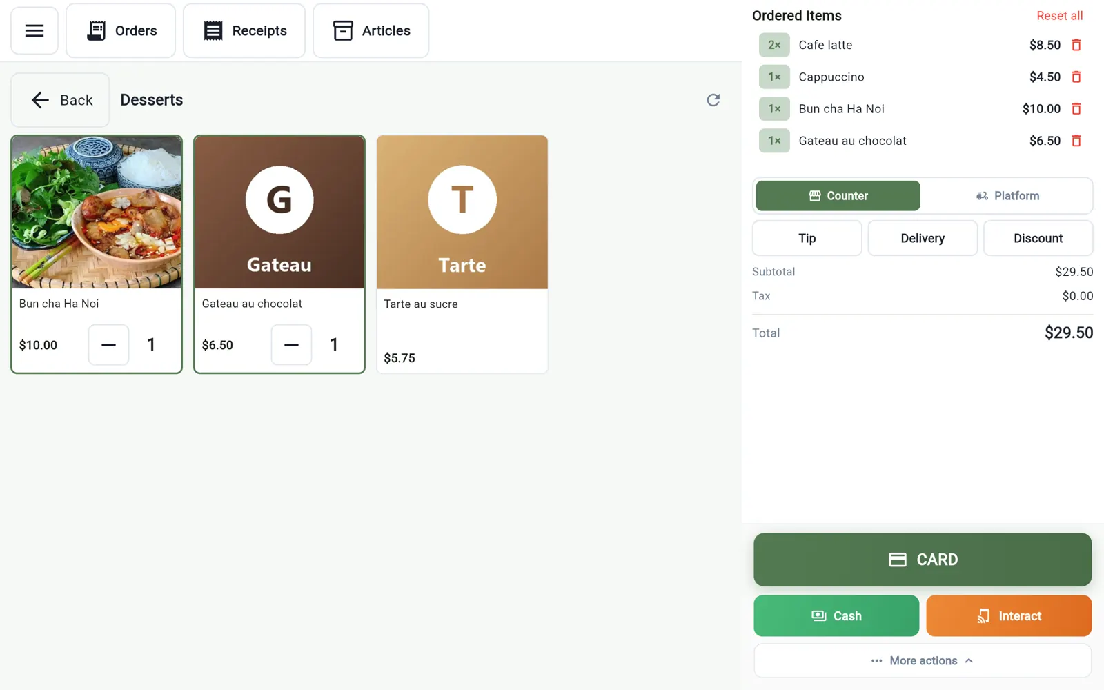 InnoBooks POS till screen: cart with four items, Card, Cash and Interac buttons