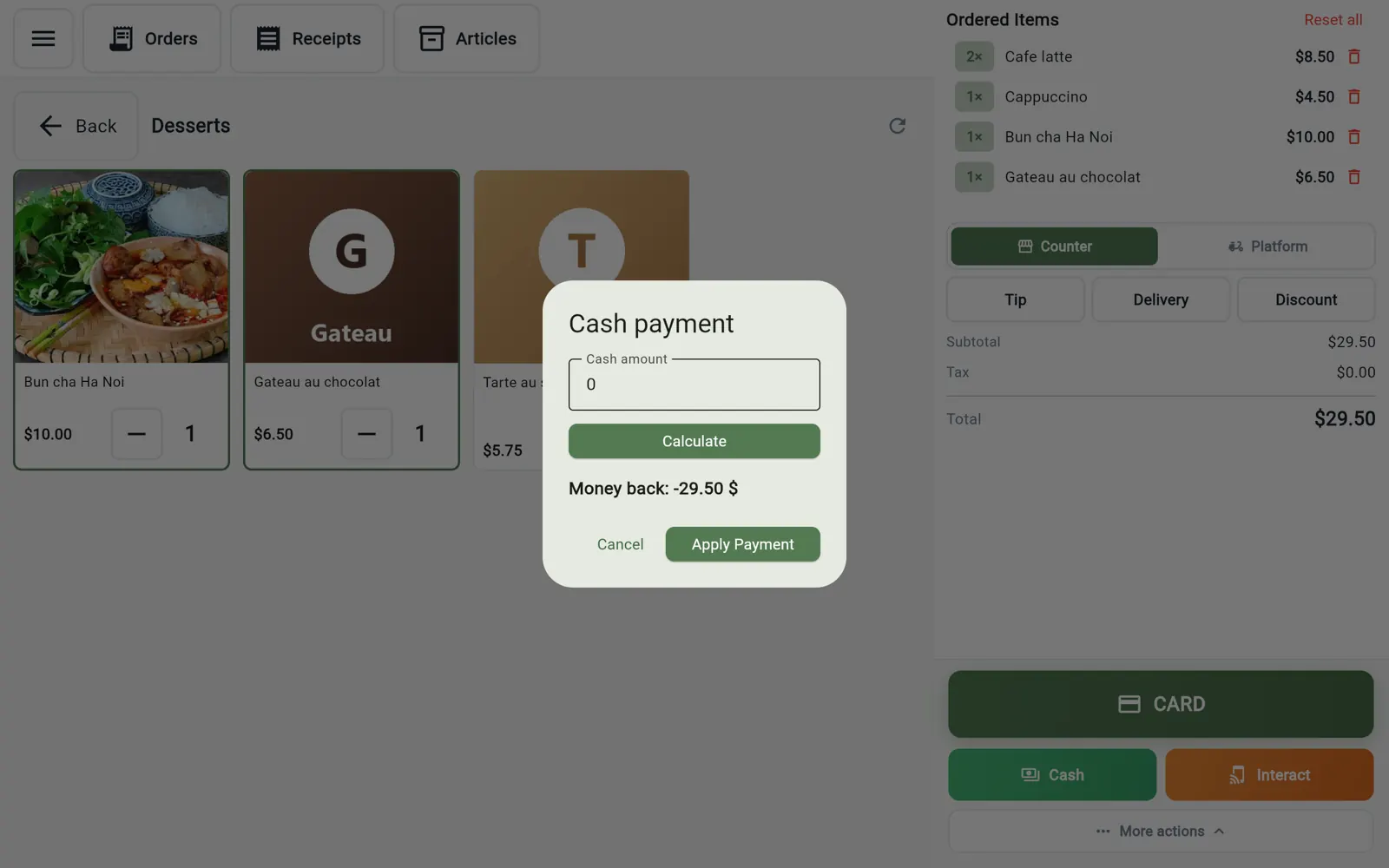Cash payment in InnoBooks POS with change calculation
