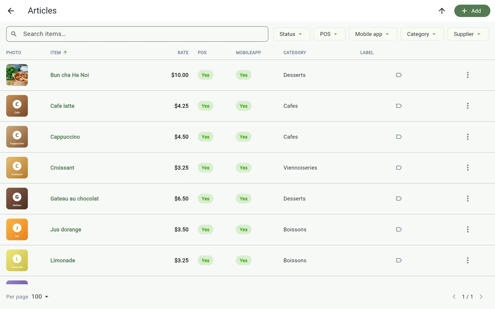 Item list in InnoBooks POS with price, category and label
