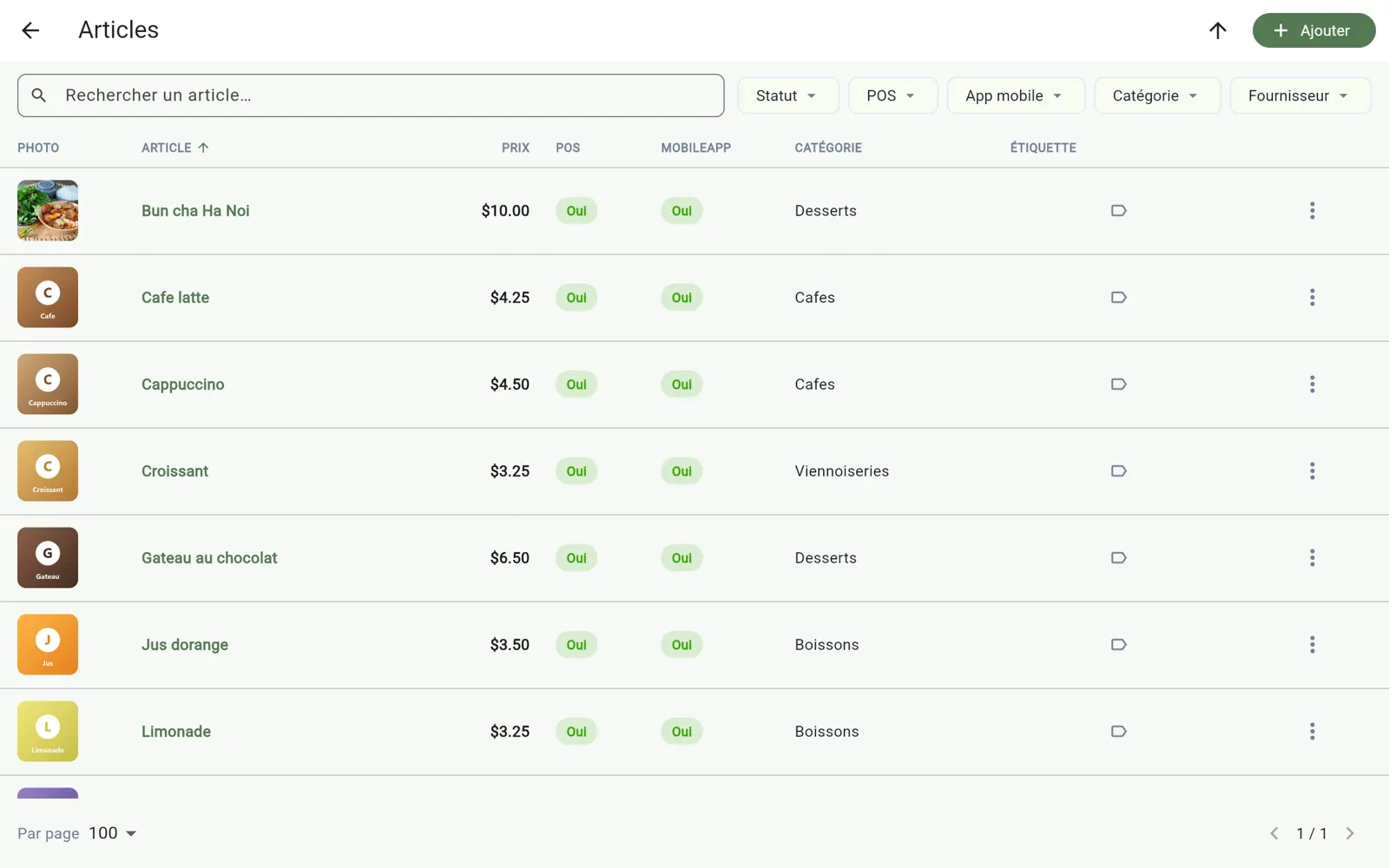 Liste des articles dans InnoBooks POS avec prix, catégorie et étiquette