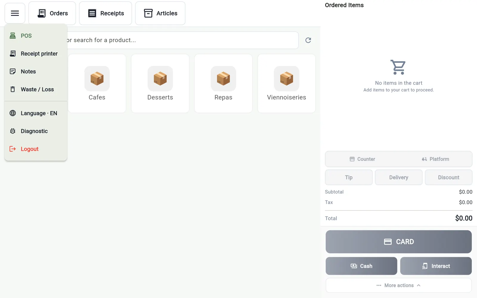 InnoBook POS till menu with the Receipt printer entry, next to the categories and the cart