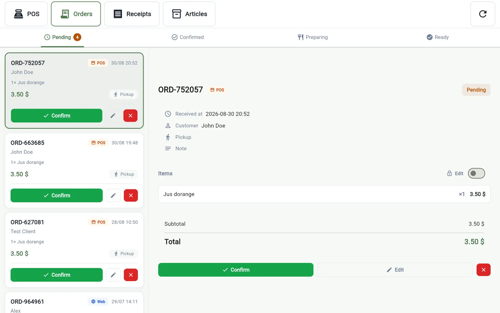 InnoBooks POS order board: pending, confirmed, preparing, ready