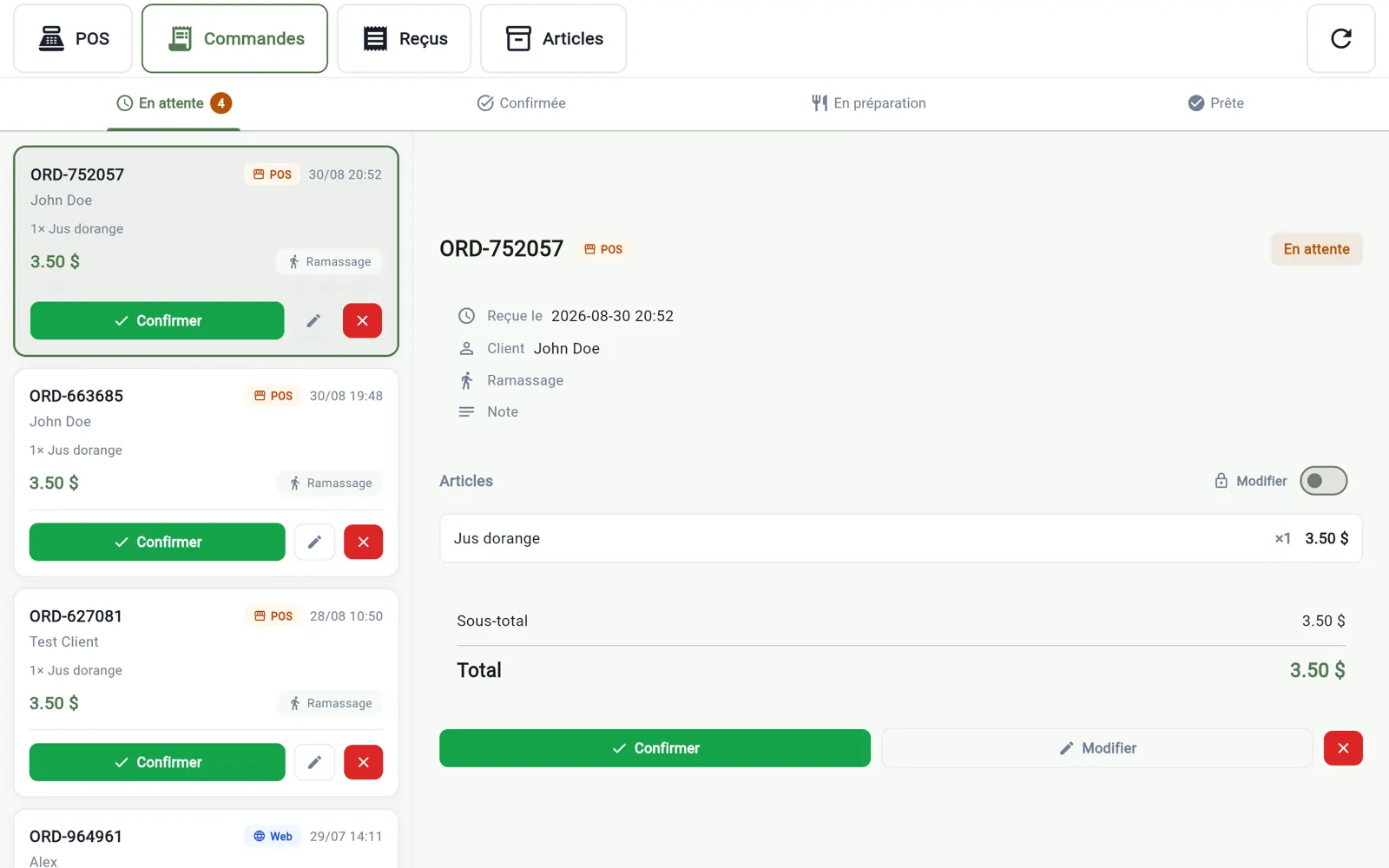 Tableau des commandes InnoBooks POS : en attente, confirmée, en préparation, prête