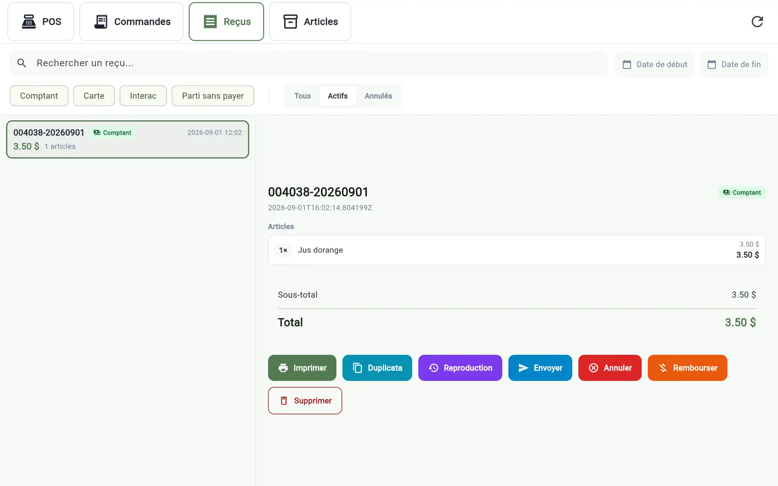 Détail d'un reçu dans InnoBooks POS : imprimer, duplicata, reproduction, envoyer, annuler, rembourser