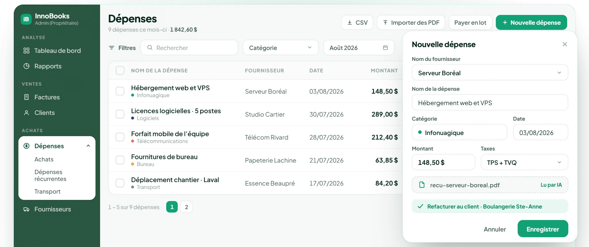 Application web InnoBooks : liste des dépenses et nouvelle dépense avec reçu numérisé