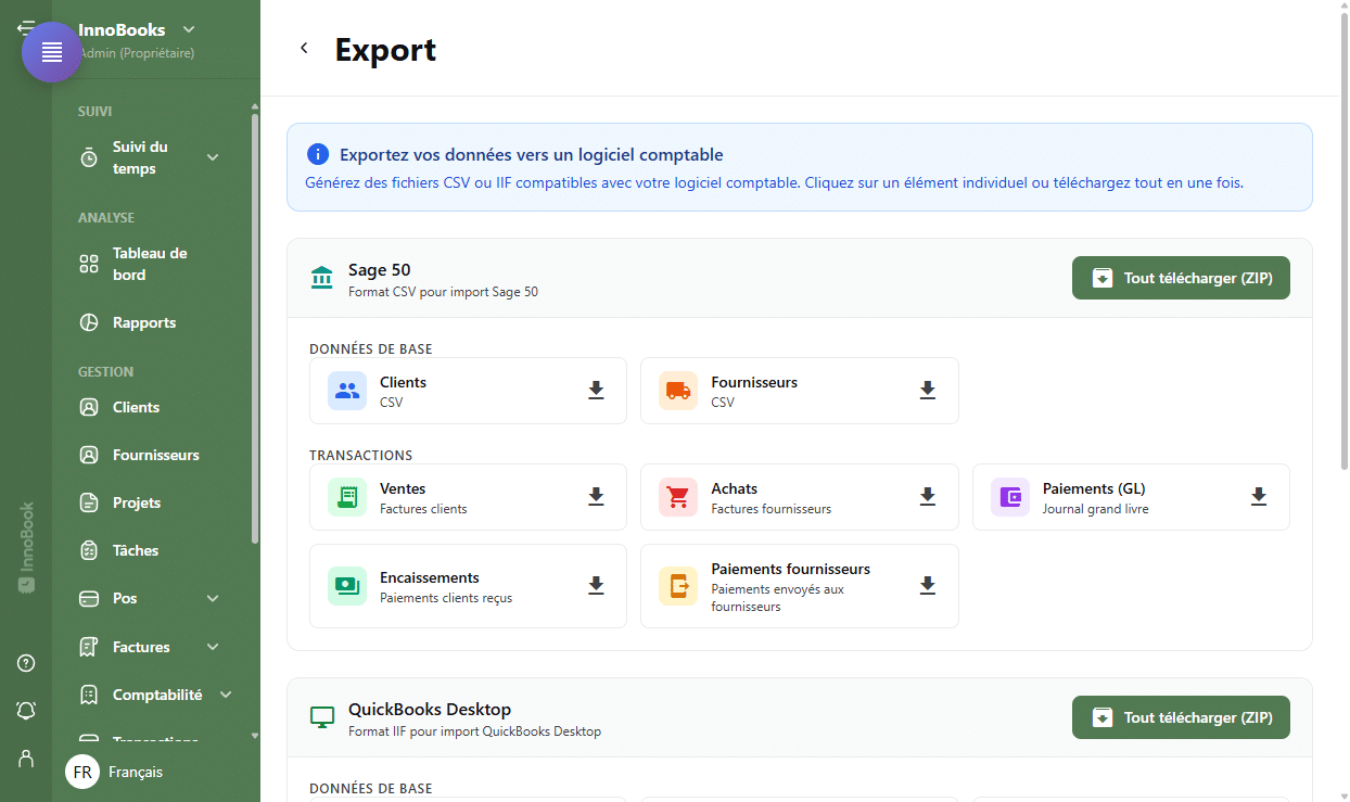 Exporter vers QuickBooks ou Sage