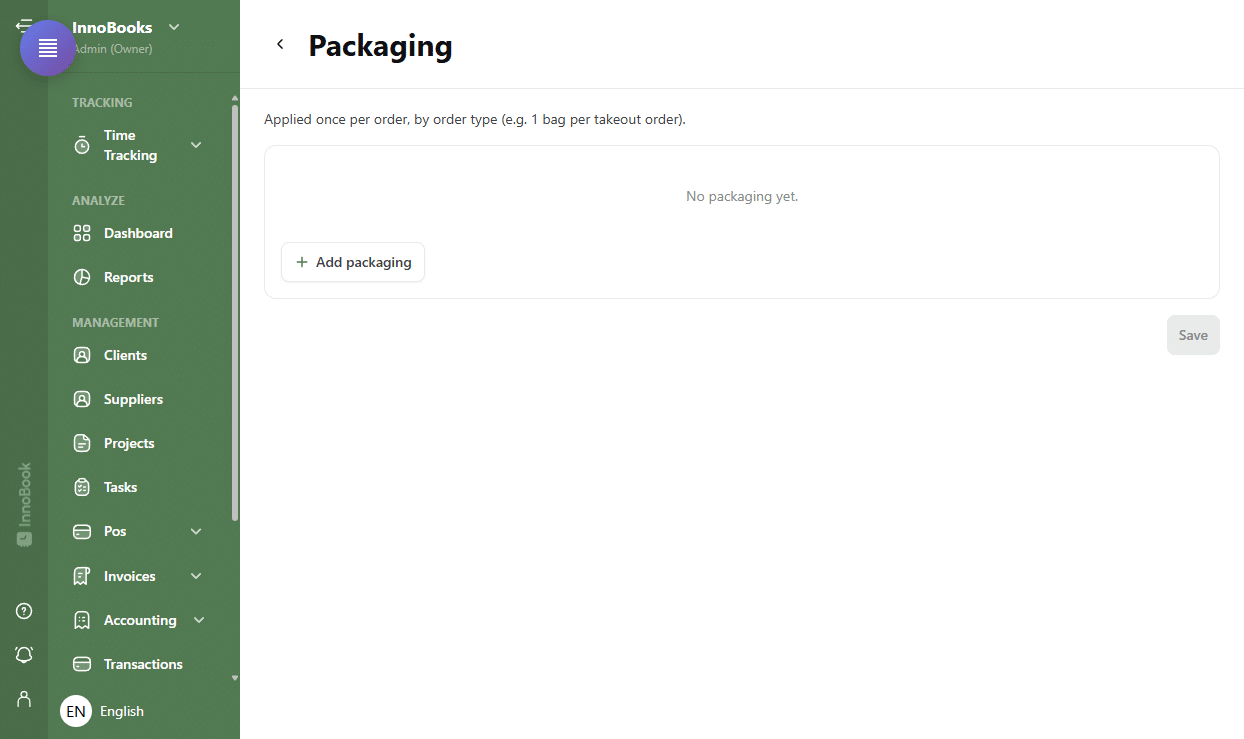 Set up packaging costs by order type