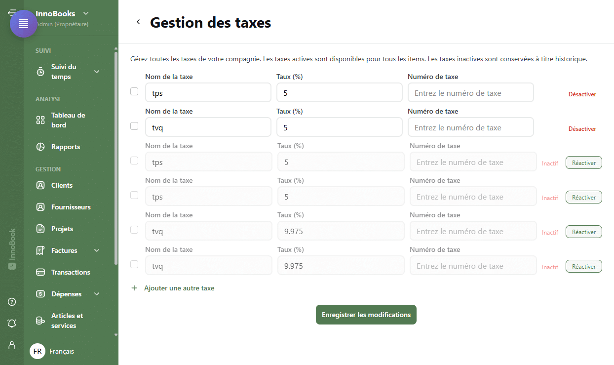 Gestion des taxes TPS et TVQ