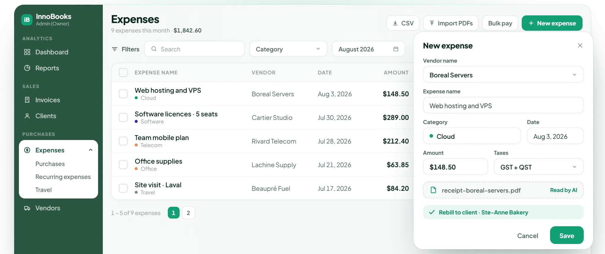 InnoBooks web application: expense list and new expense with scanned receipt
