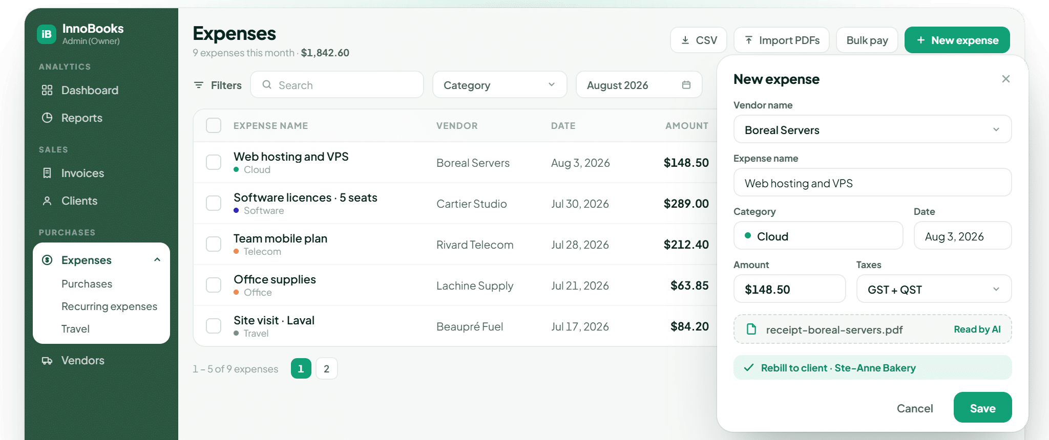 InnoBooks expenses: list with categories, GST/QST taxes and AI-read receipt