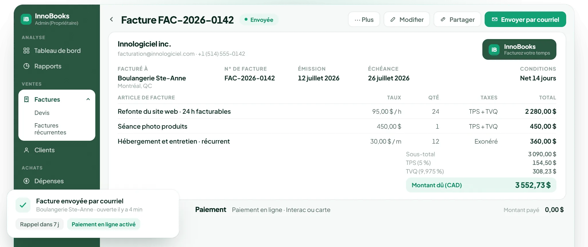 Application web InnoBooks : facture avec taxes TPS/TVQ et paiement en ligne