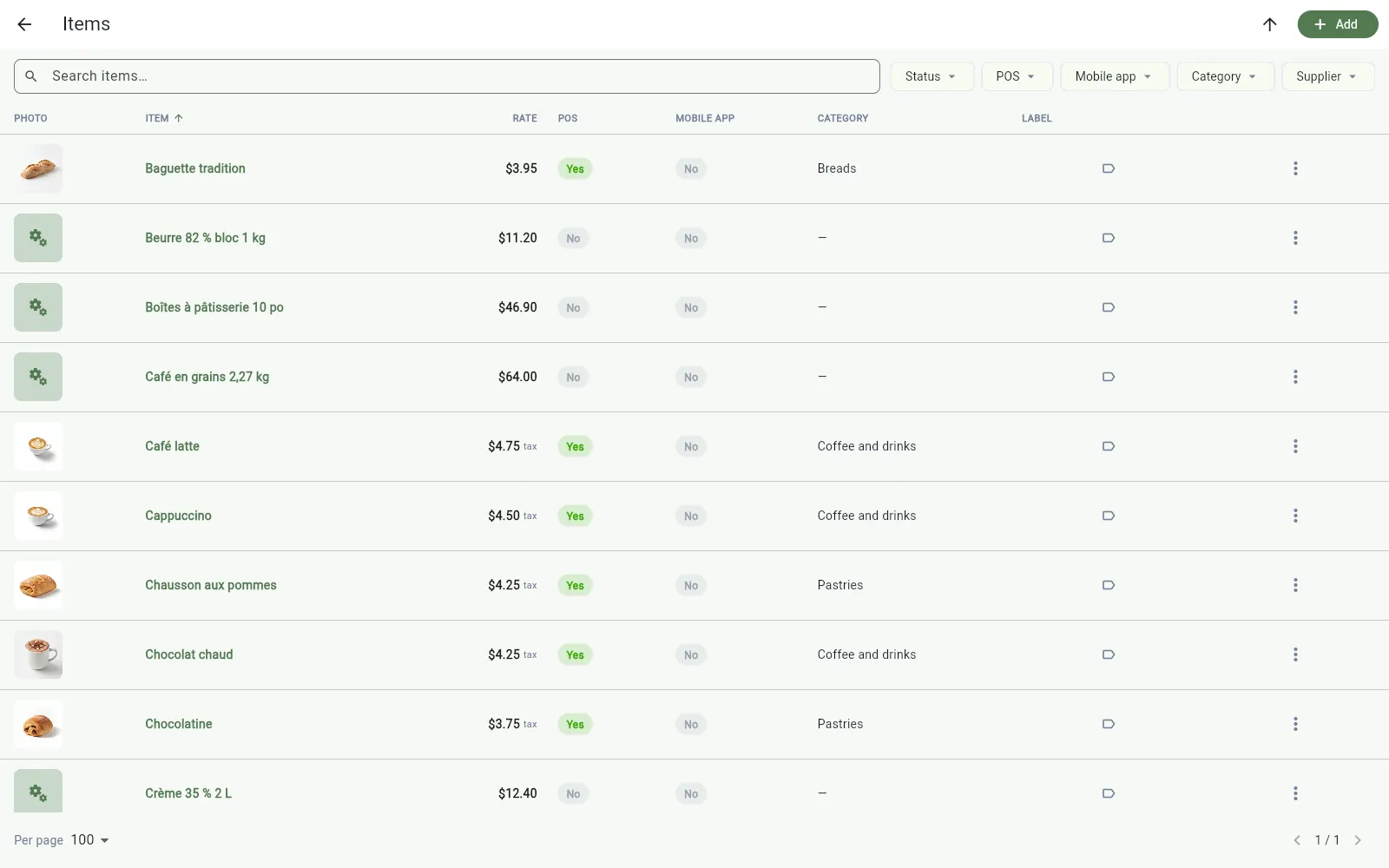 Item list in the InnoBook POS app: price, shown at the till, category and label