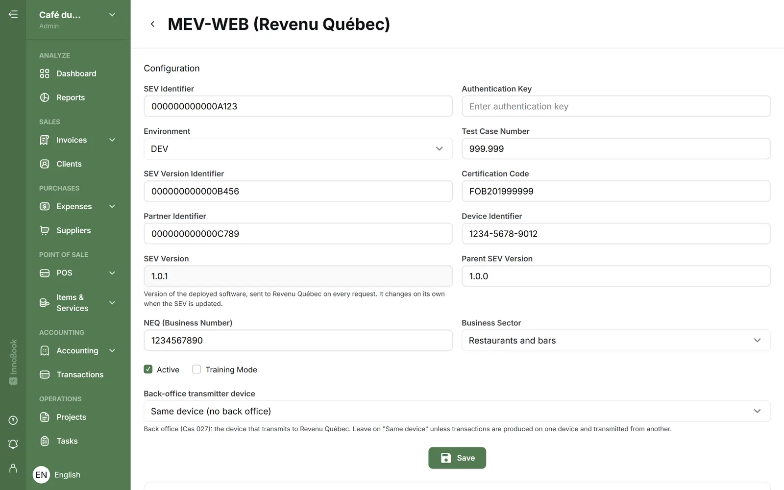MEV-WEB (Revenu Québec) settings in InnoBooks: SEV identifier, environment, business sector and training mode (sample data)