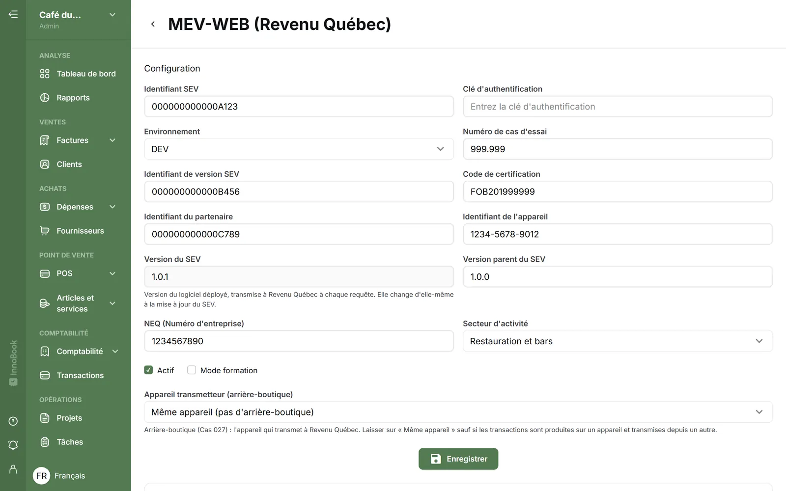 Réglages MEV-WEB (Revenu Québec) dans InnoBooks : identifiant SEV, environnement, secteur d'activité et mode formation (données d'exemple)