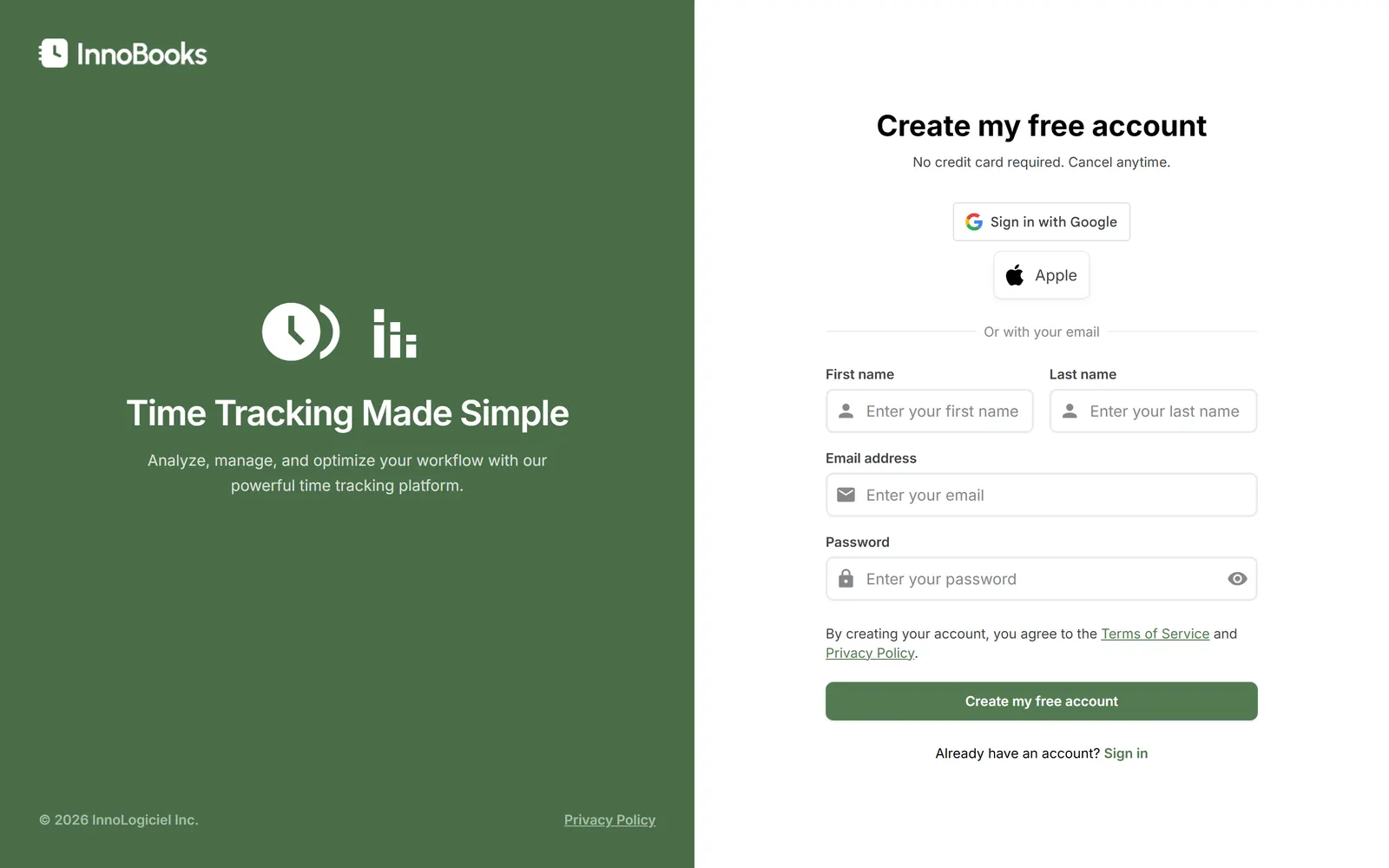 InnoBooks Create my free account page