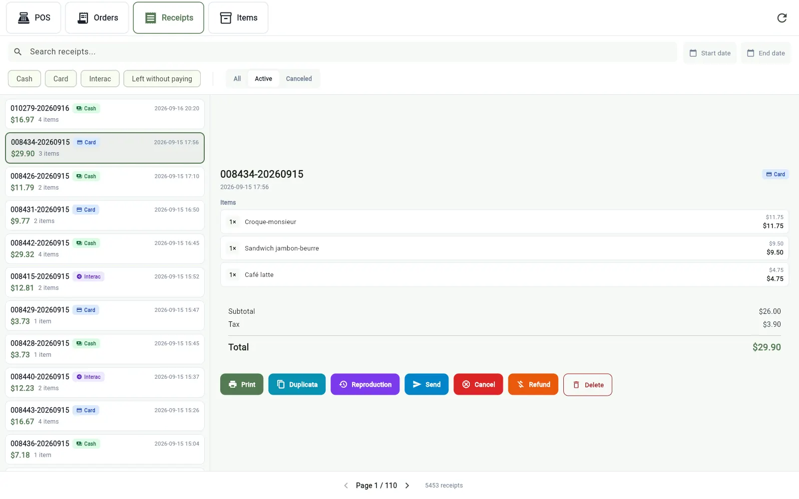 InnoBooks till receipt list with the Print, Duplicate, Reproduction, Cancel and Refund buttons