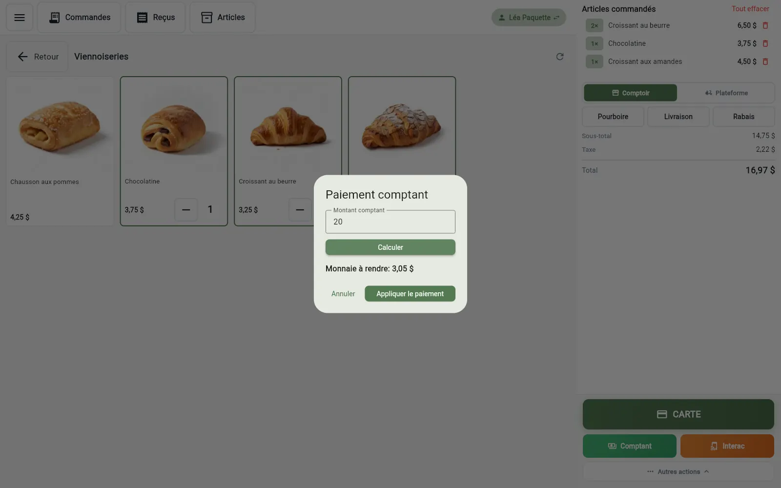 Paiement comptant dans l'application InnoBook POS