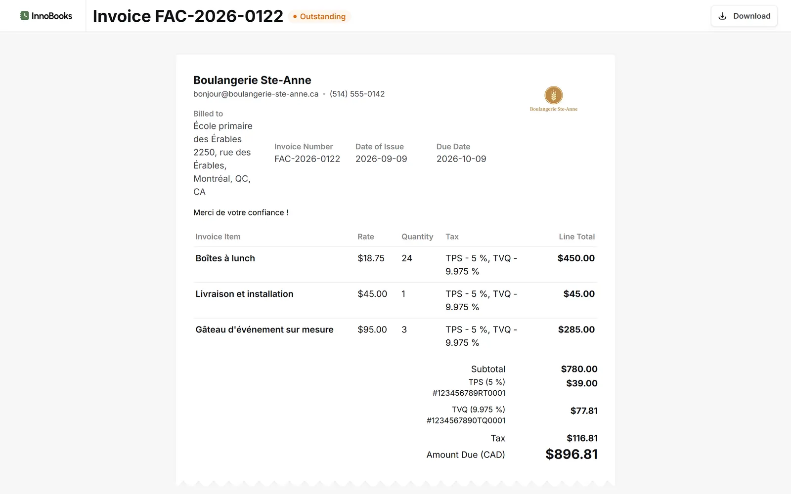 Invoice viewed online by the client in InnoBooks