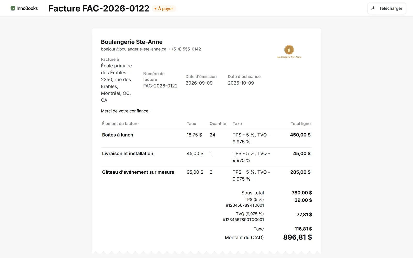 Facture consultée en ligne par le client dans InnoBooks