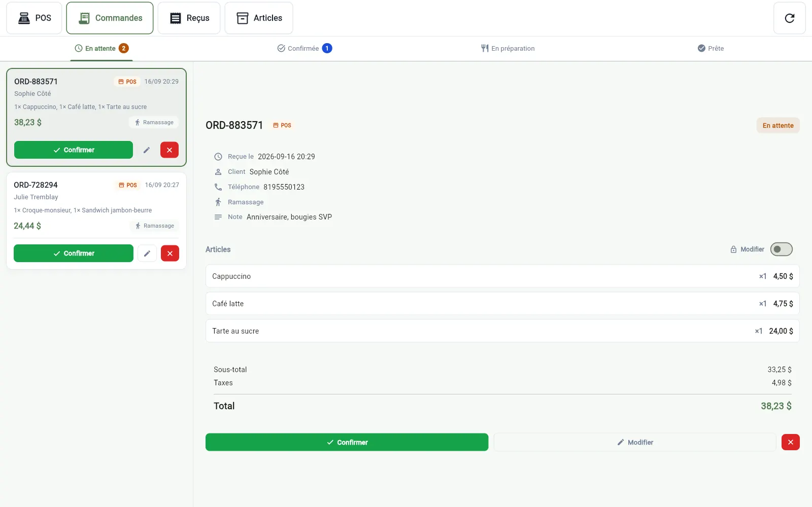 Commandes en attente dans l'application InnoBook POS