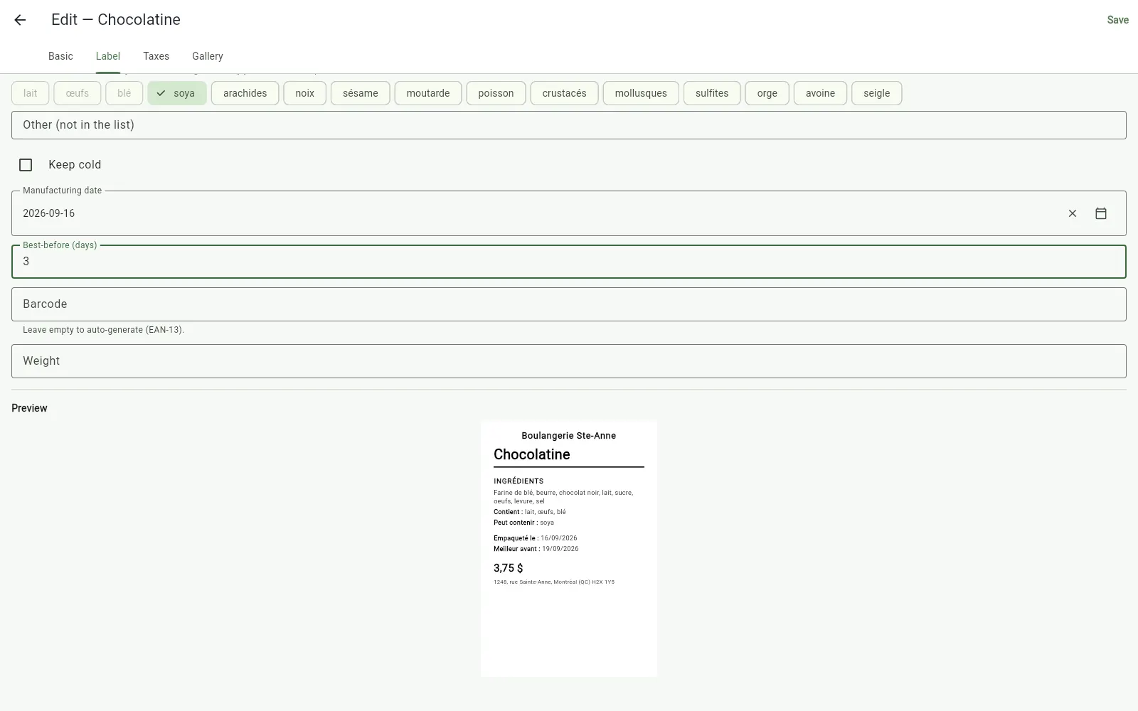 The Label tab of an item in InnoBooks POS: allergens, dates, barcode and label preview