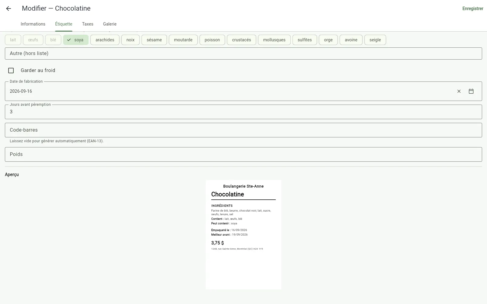 L'onglet Étiquette d'un article dans InnoBooks POS : allergènes, dates, code-barres et aperçu de l'étiquette
