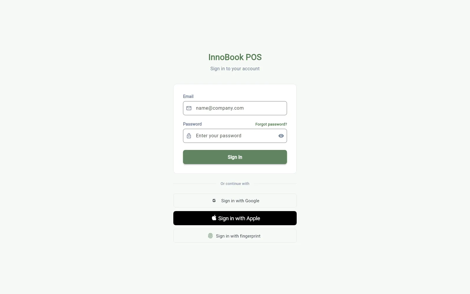 InnoBook POS app sign-in screen: email, password, Google, Apple and fingerprint