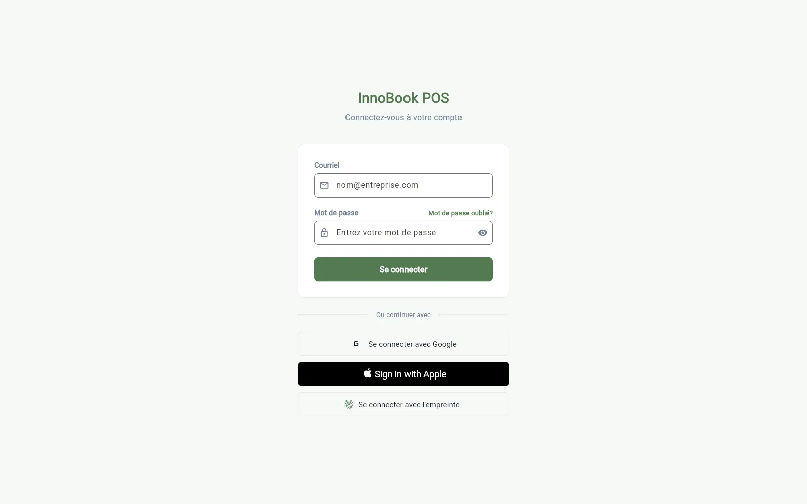 Écran de connexion de l'application InnoBook POS : courriel, mot de passe, Google, Apple et empreinte