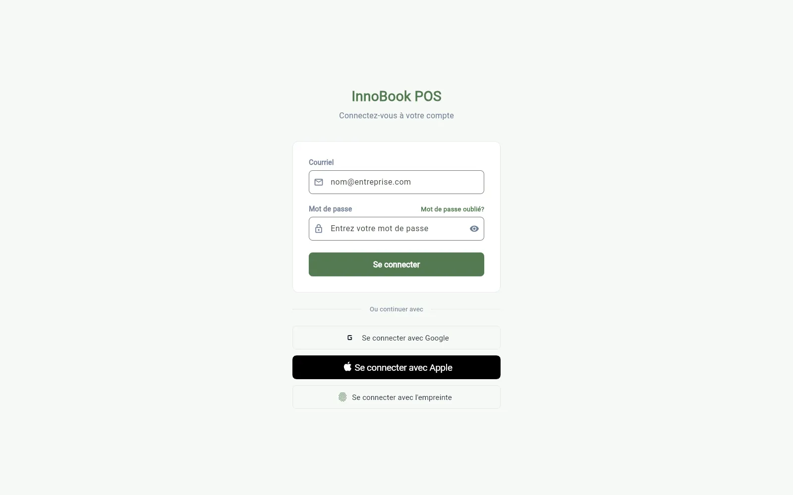 Écran de connexion de l'application InnoBook POS