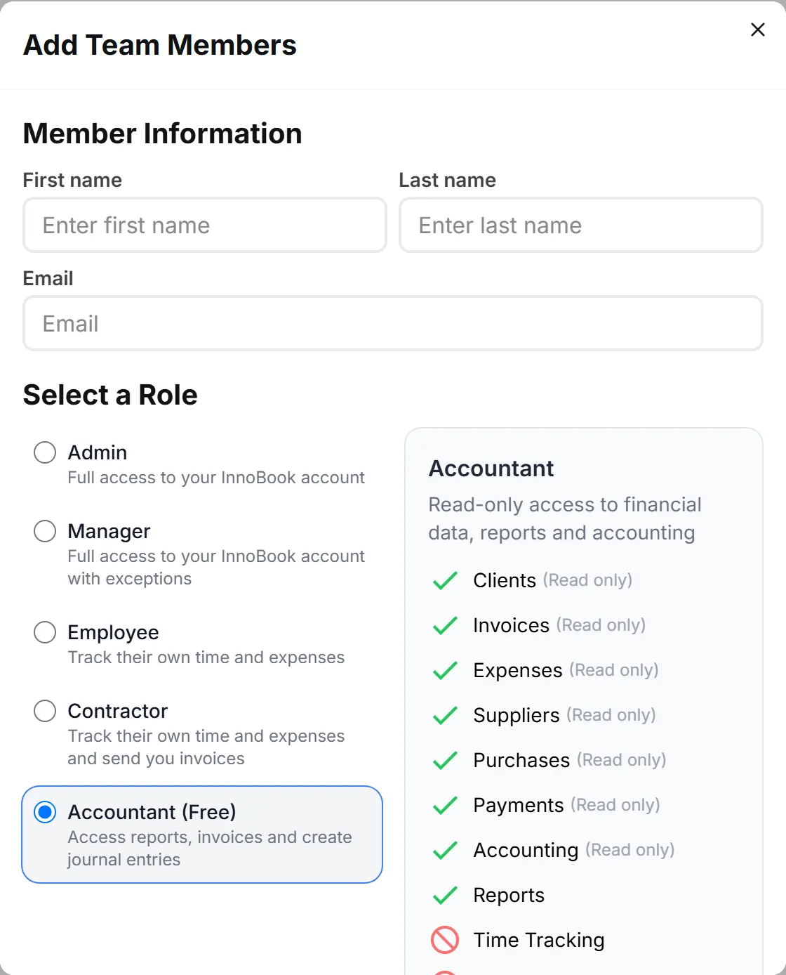 Add Team Members dialog in InnoBooks