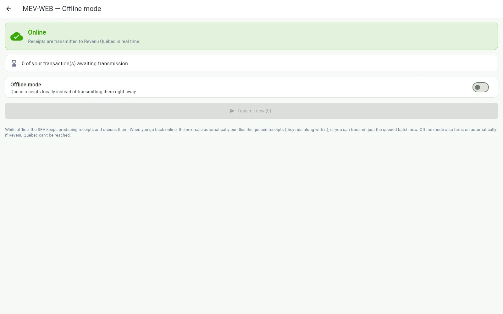 InnoBooks till « MEV-WEB — Offline mode » screen: Online status, pending transactions and Send now button