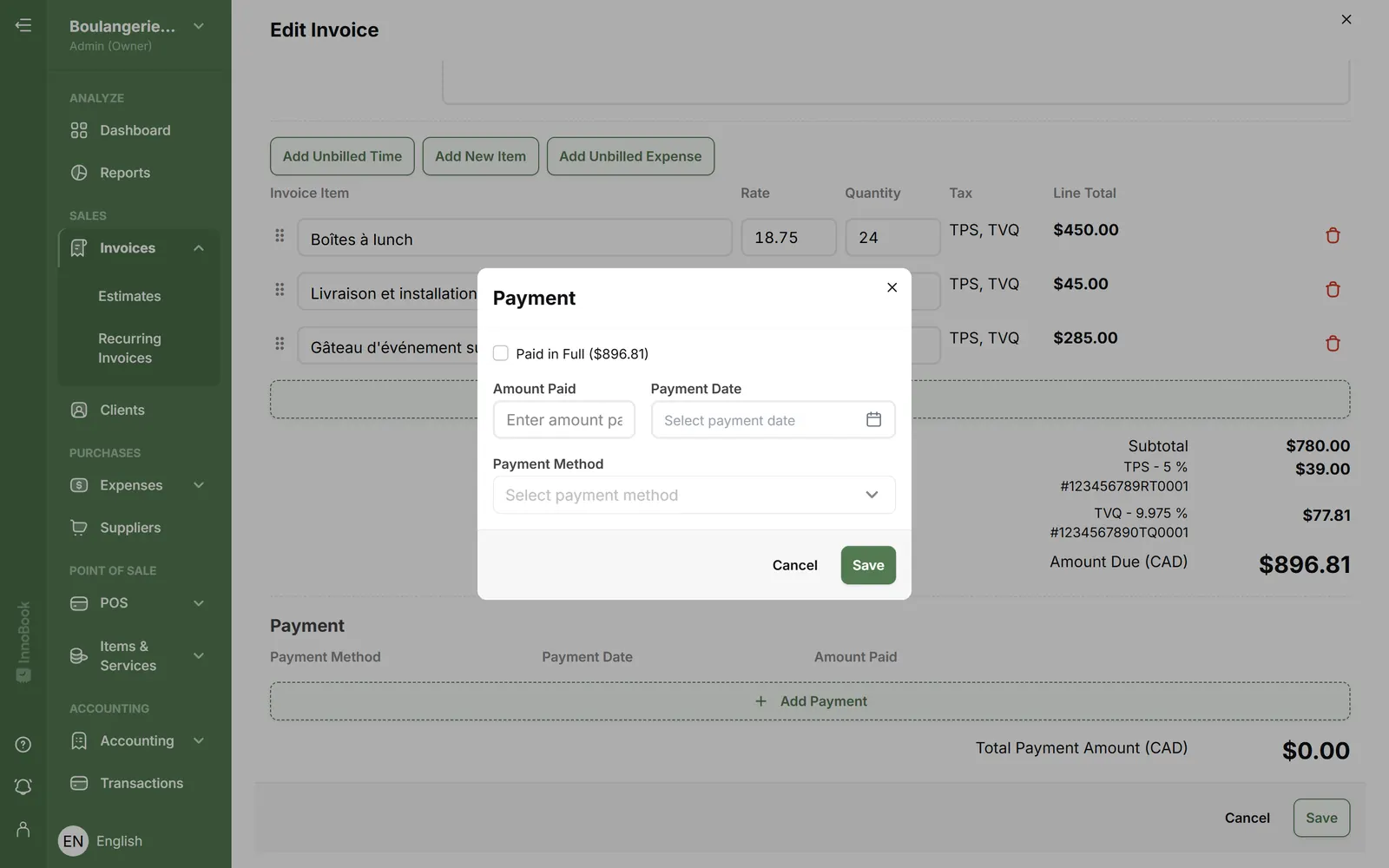 Invoice Payment dialog in InnoBooks