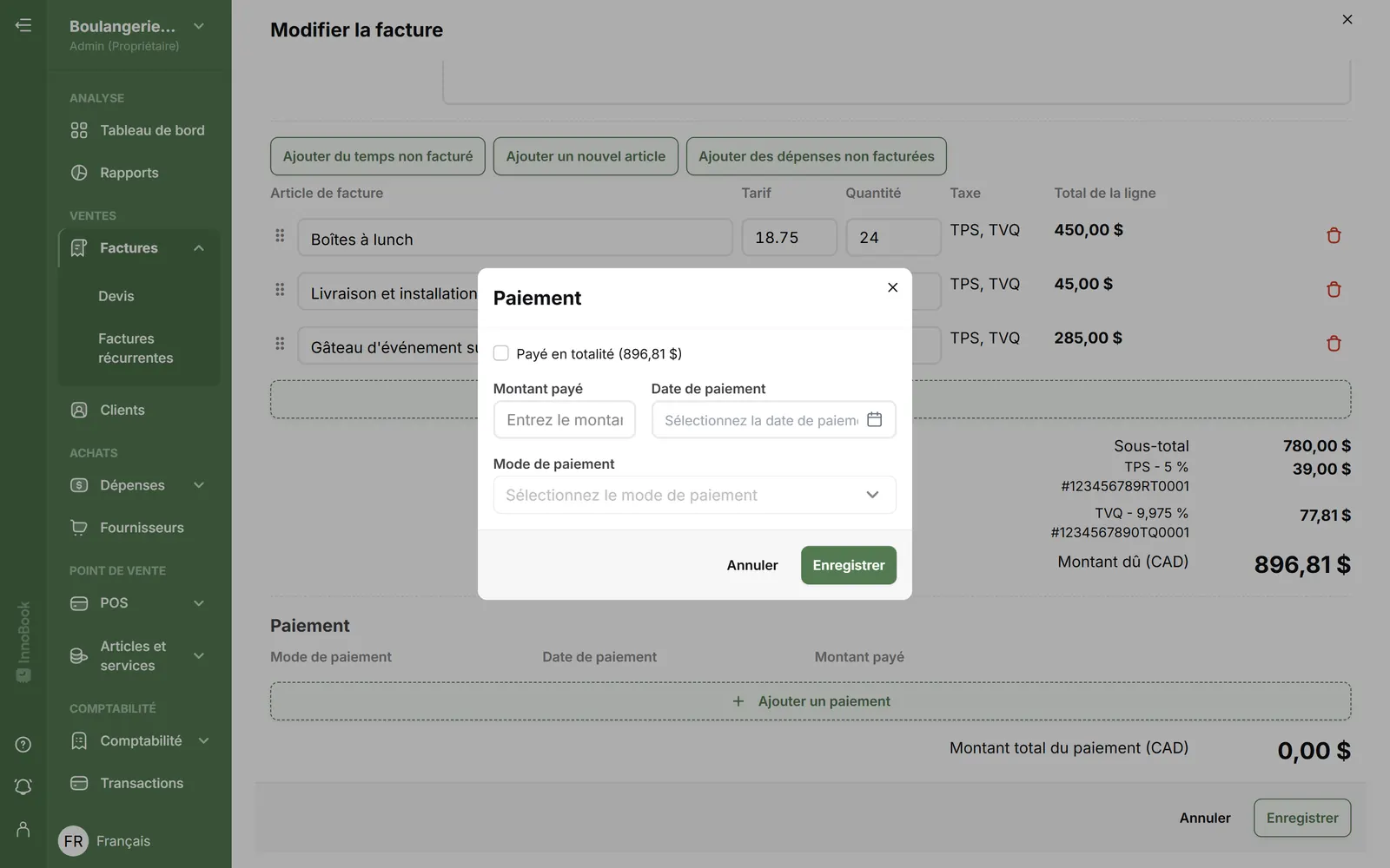 Dialogue Paiement d'une facture dans InnoBooks