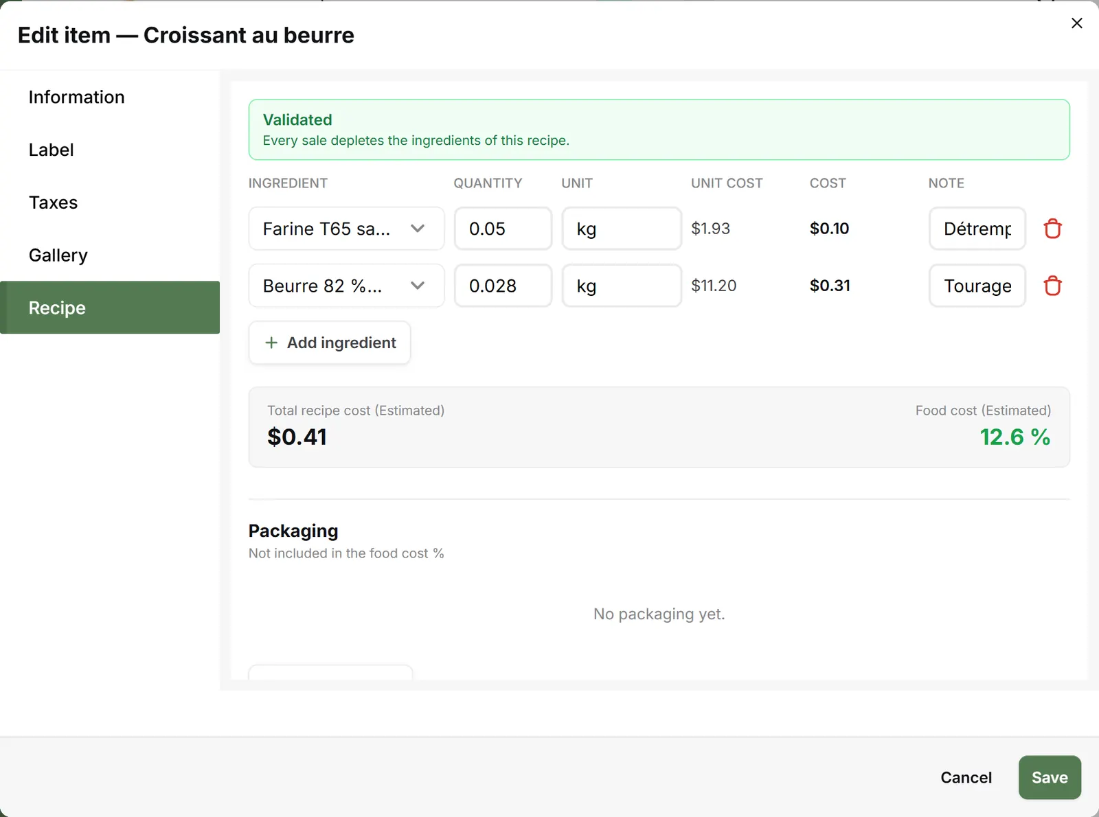 Recipe tab of an item in InnoBooks