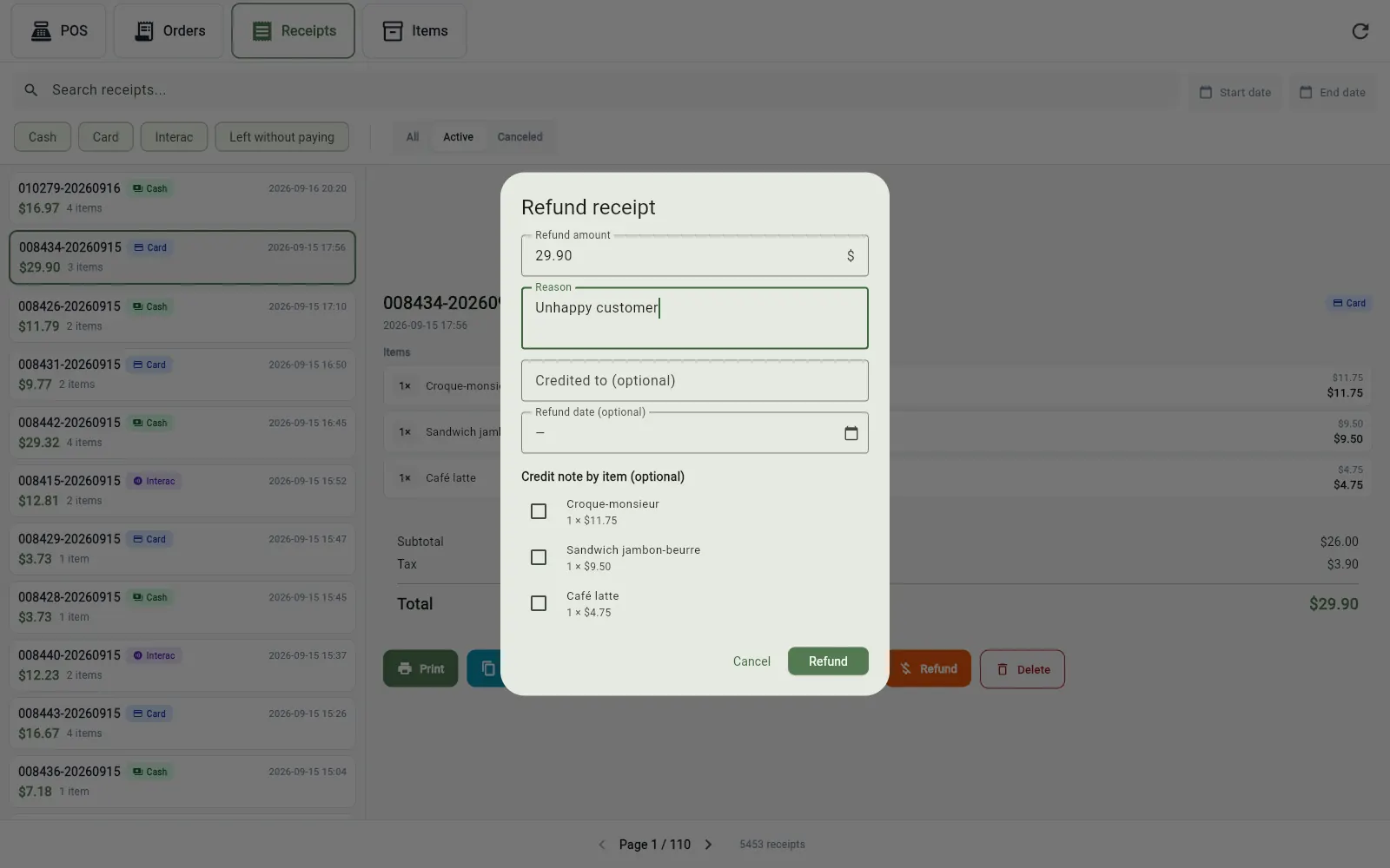 Refund receipt window in the InnoBook POS app