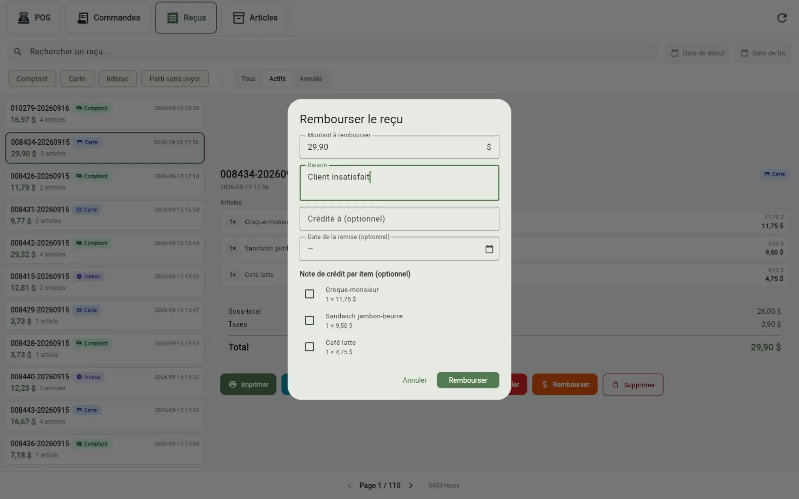 Fenêtre Rembourser le reçu dans l'application InnoBook POS