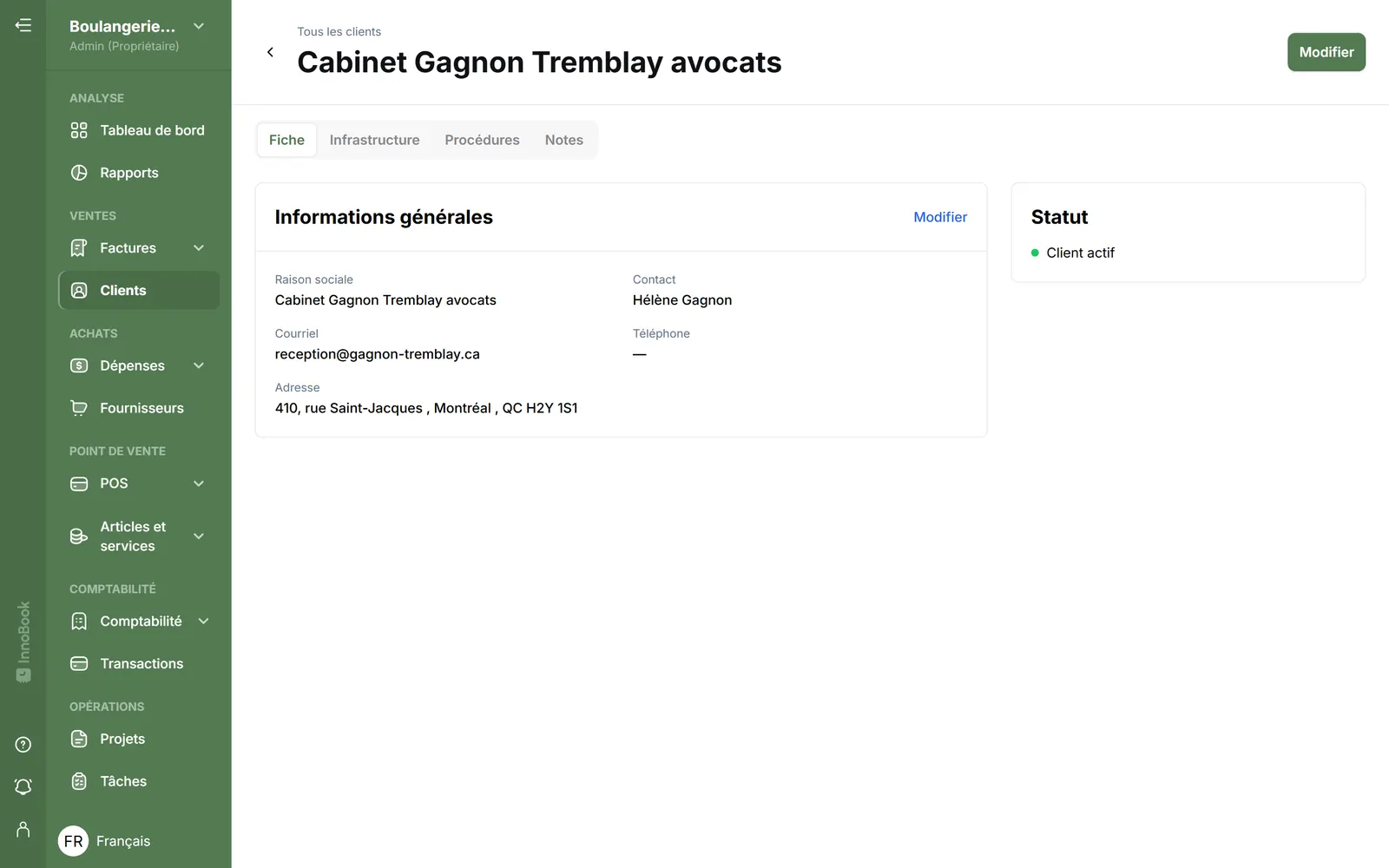 Fiche client InnoBooks : raison sociale, contact, courriel et adresse