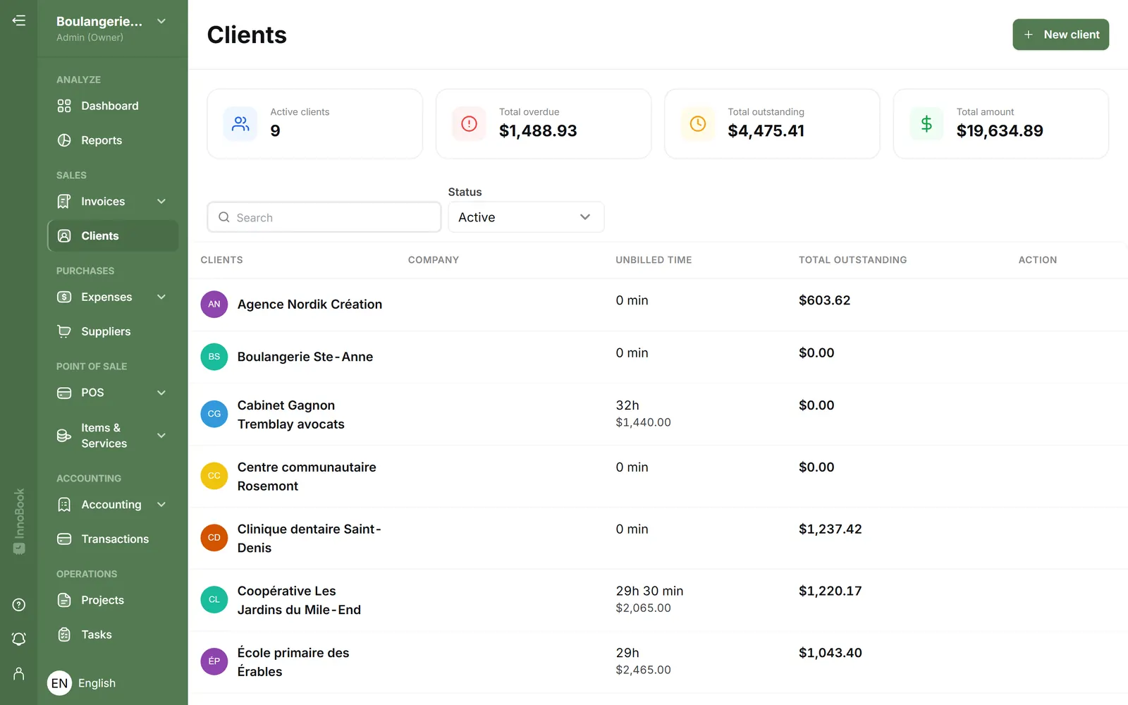 InnoBooks client list with unbilled time and unpaid total