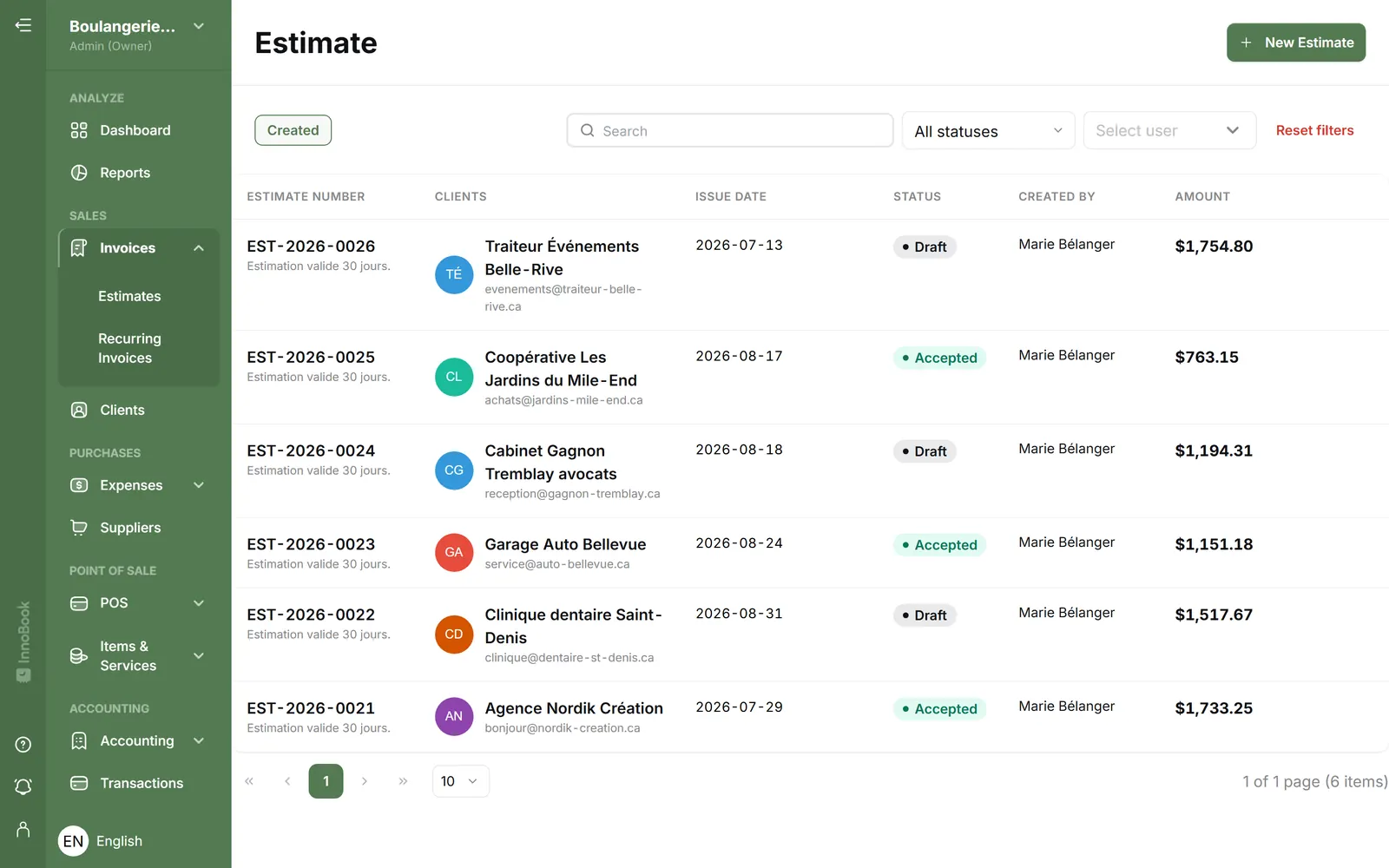 Quote list in InnoBooks, with status and amount
