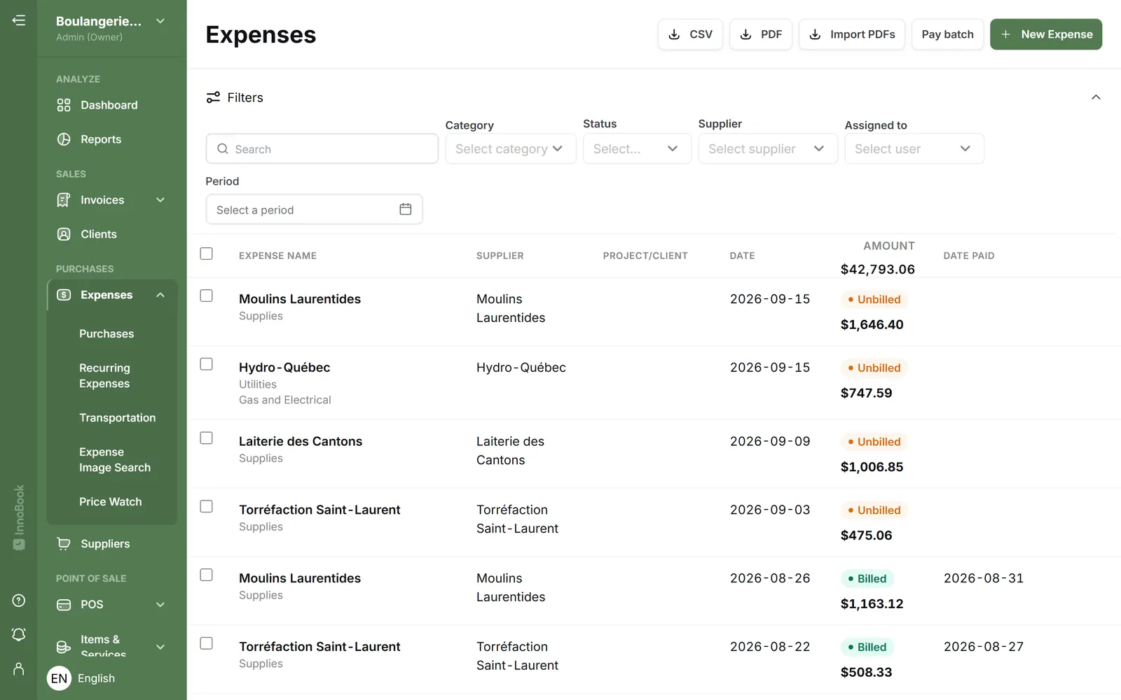 InnoBooks expense list by supplier and category