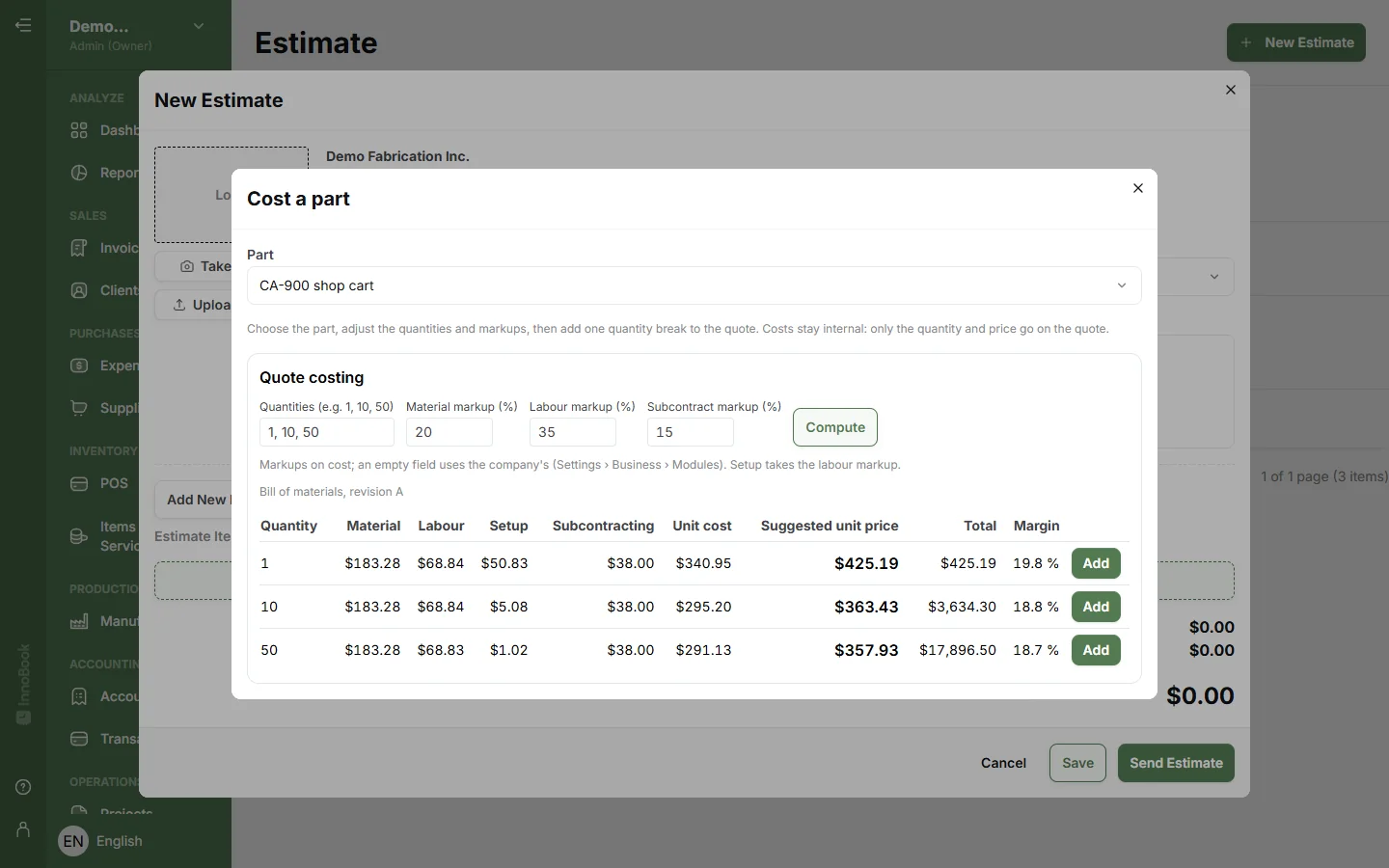 Costing a part inside an estimate: material, labour, setup and subcontracting cost, and suggested price for 1, 10 and 50 units
