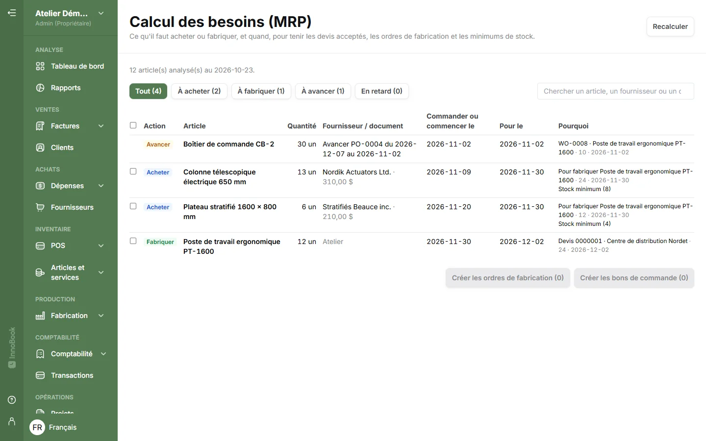 Calcul des besoins (MRP) recalculé : suggestions d'acheter, de fabriquer et d'avancer une commande, avec la date et la raison de chaque besoin