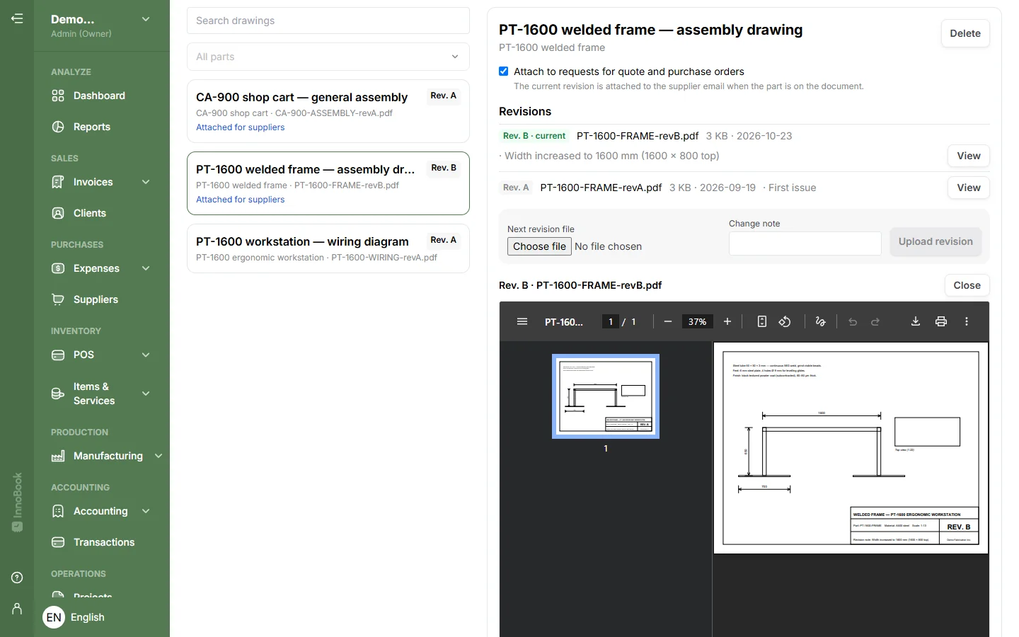 Drawings by revision: revision B current, revision A kept, PDF preview and automatic attachment to supplier requests