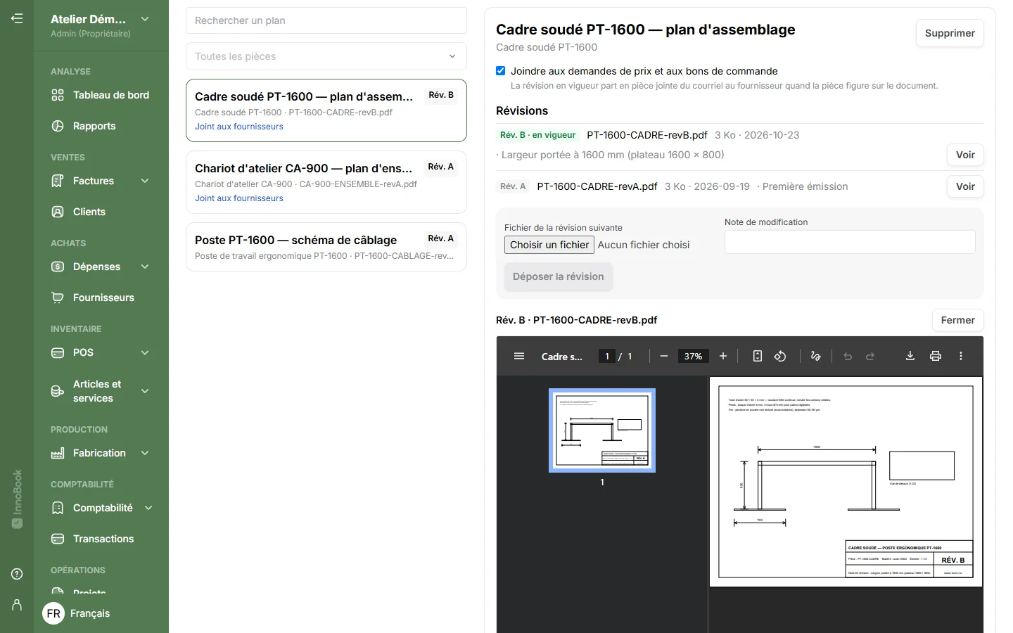 Plans de fabrication par révision : révision B en vigueur, révision A conservée, aperçu du PDF et envoi automatique aux fournisseurs