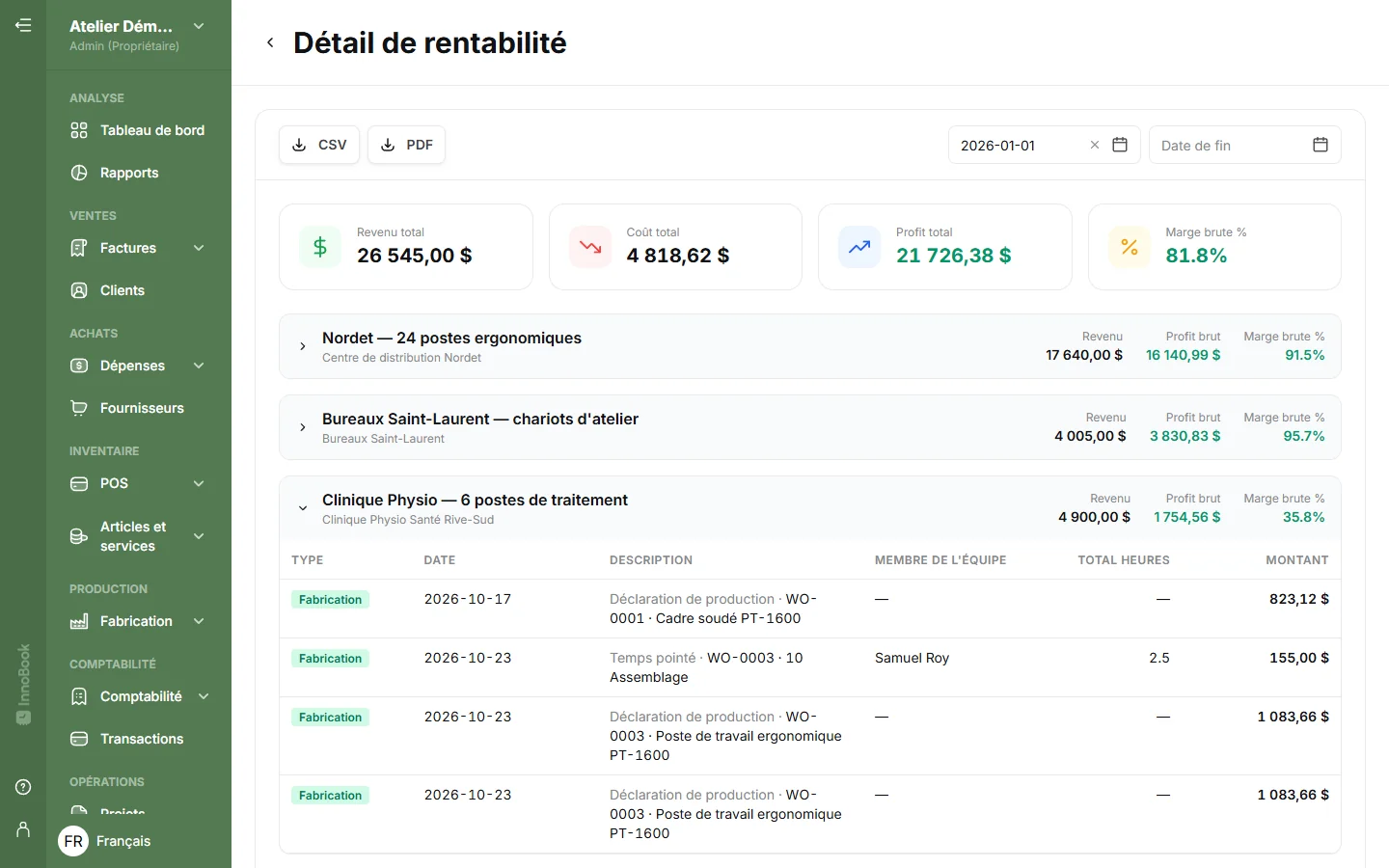 Rentabilité par projet avec la ligne Fabrication : déclarations de production et temps pointé imputés au projet du client
