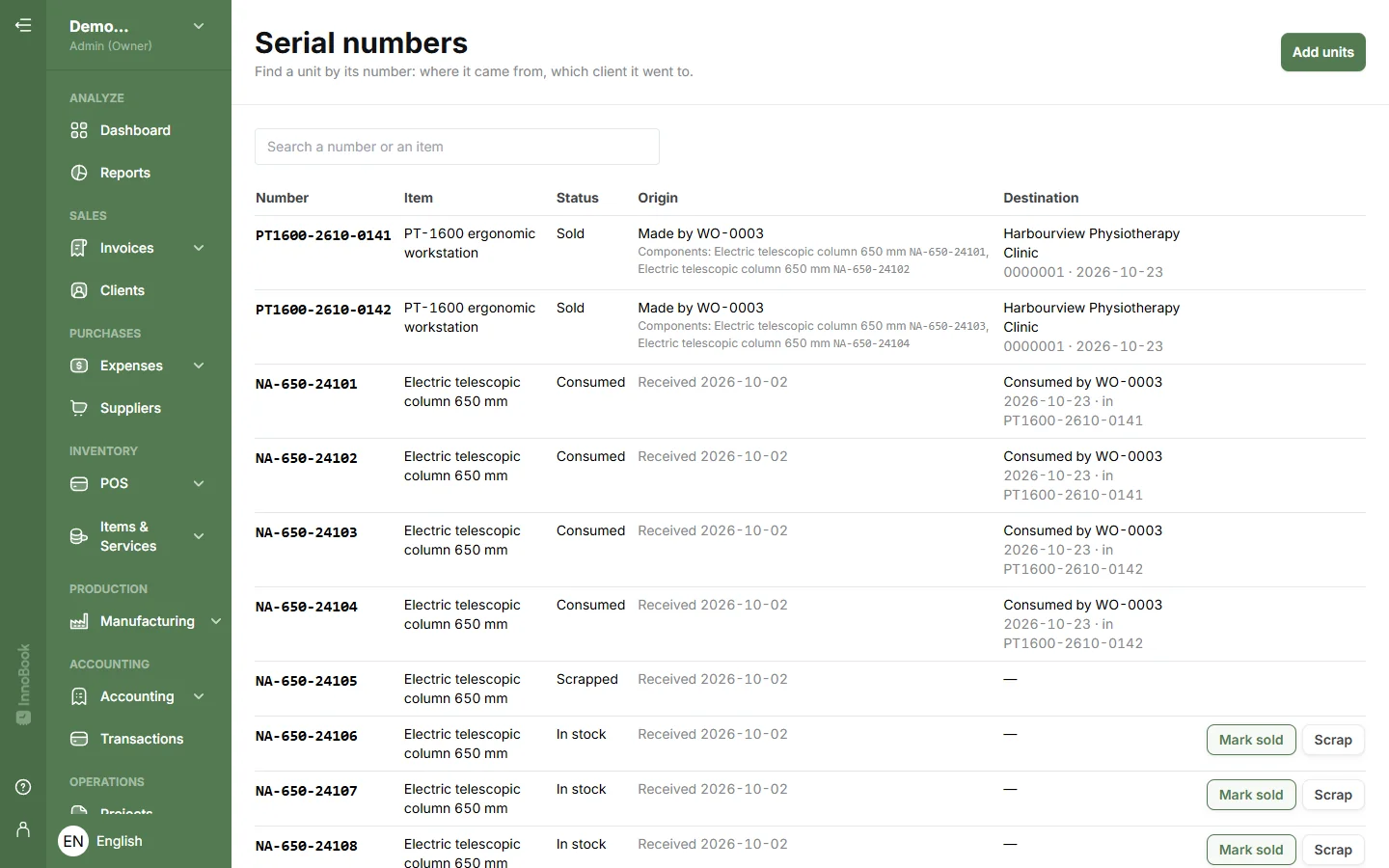 Serial numbers with status and genealogy: workstation made by a work order, columns consumed into it, sold to the client
