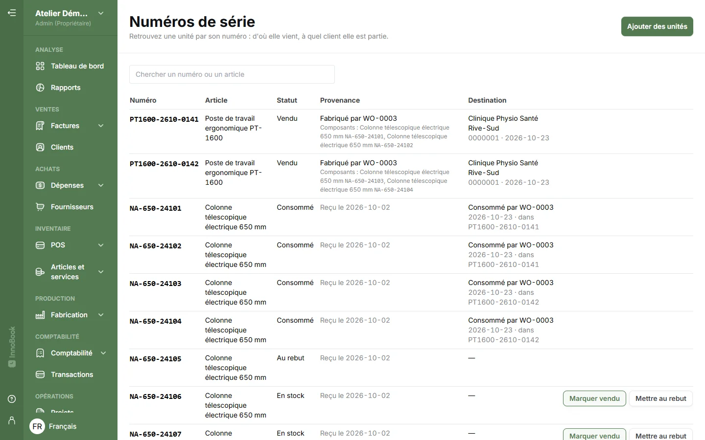Numéros de série avec leur statut et leur généalogie : poste fabriqué par un ordre, colonnes consommées dans ce poste, vente au client