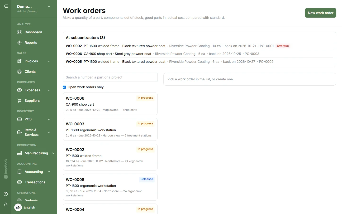 Work order list with the At subcontractors panel: parts out for powder coating, expected return dates and one overdue return